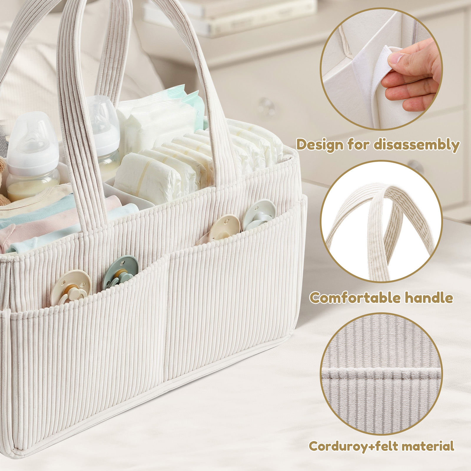 AliExpress Large Capacity Diaper Bag Corduroy Portable Foldable Tote Mommy Bag Nursery Caddy Basket with Divided Design Diaper Organizer, view 2