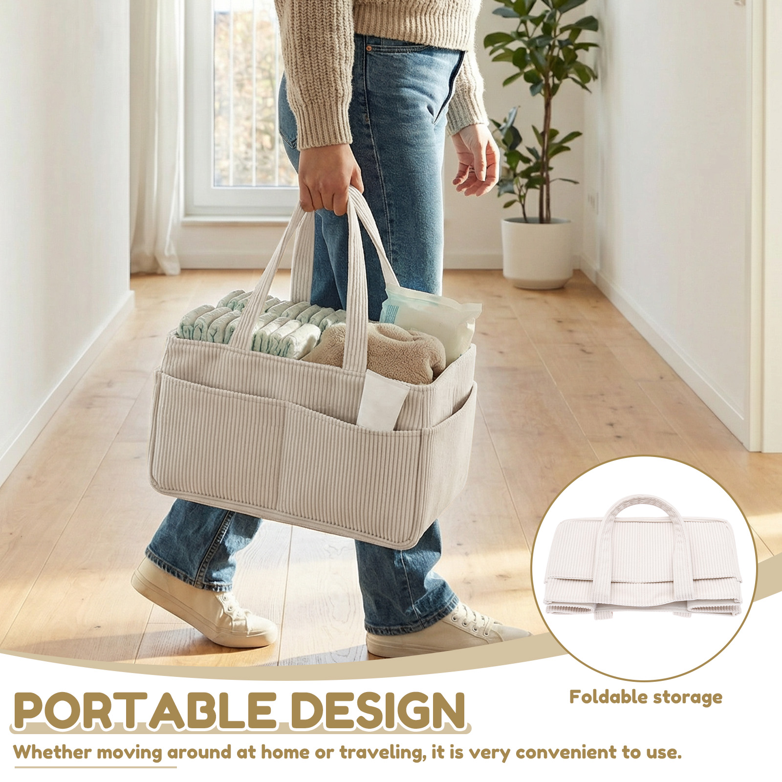 AliExpress Large Capacity Diaper Bag Corduroy Portable Foldable Tote Mommy Bag Nursery Caddy Basket with Divided Design Diaper Organizer, view 3