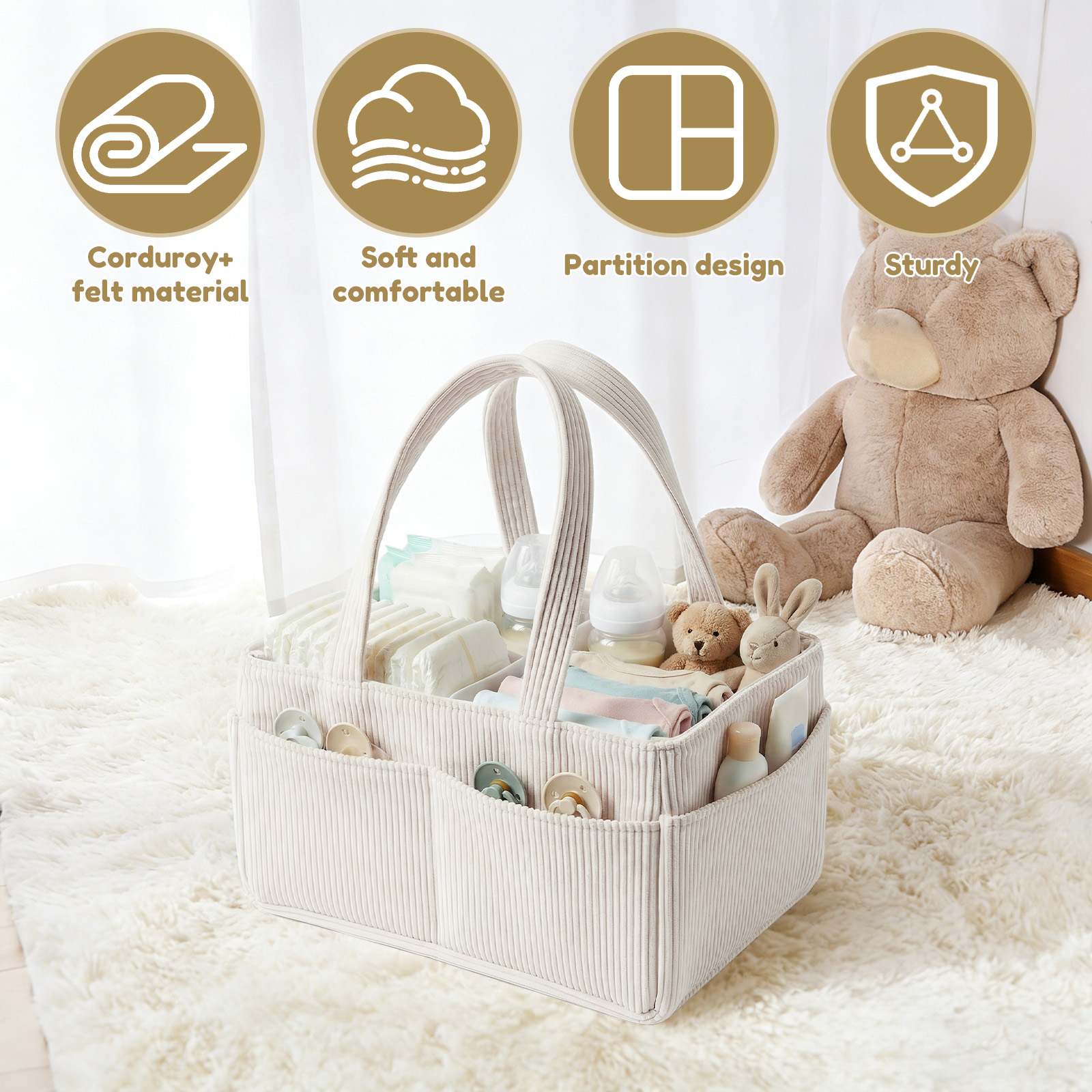 AliExpress Large Capacity Diaper Bag Corduroy Portable Foldable Tote Mommy Bag Nursery Caddy Basket with Divided Design Diaper Organizer, view 4