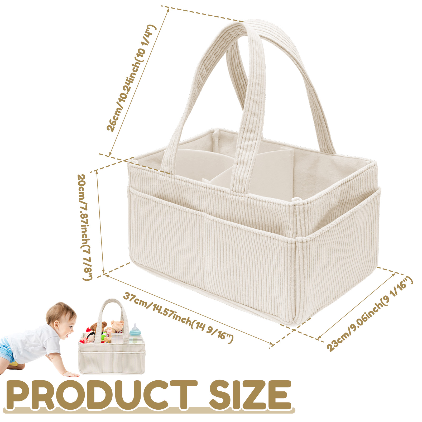 AliExpress Large Capacity Diaper Bag Corduroy Portable Foldable Tote Mommy Bag Nursery Caddy Basket with Divided Design Diaper Organizer, view 6