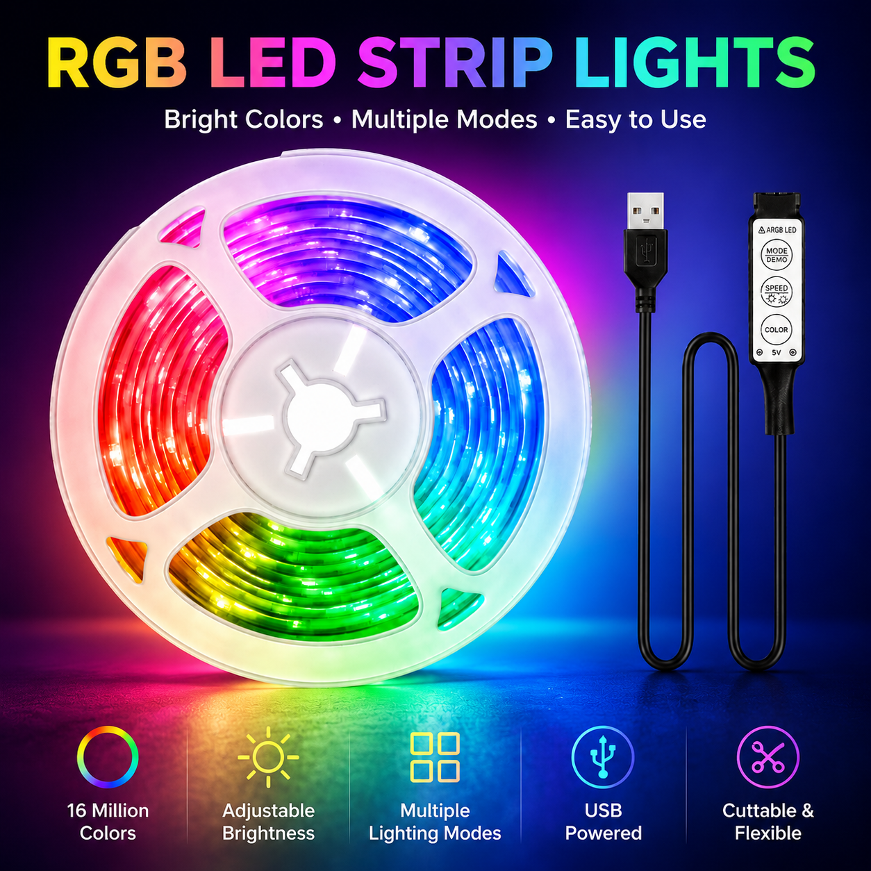 AliExpress USB LED Light Strip with 3-Button Remote