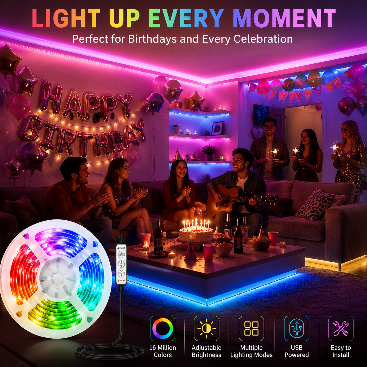 AliExpress USB LED Light Strip with 3-Button Remote, view 2