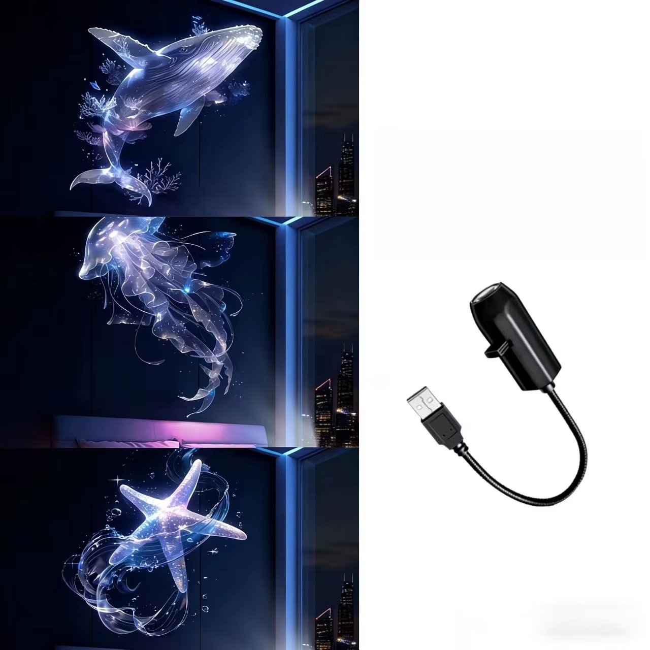 AliExpress LED USB Projector Light 3/6pcs Projection Patterns- Adjustable Whale Butterfly Jellyfish Starfish Night Light Festival Gift, view 4