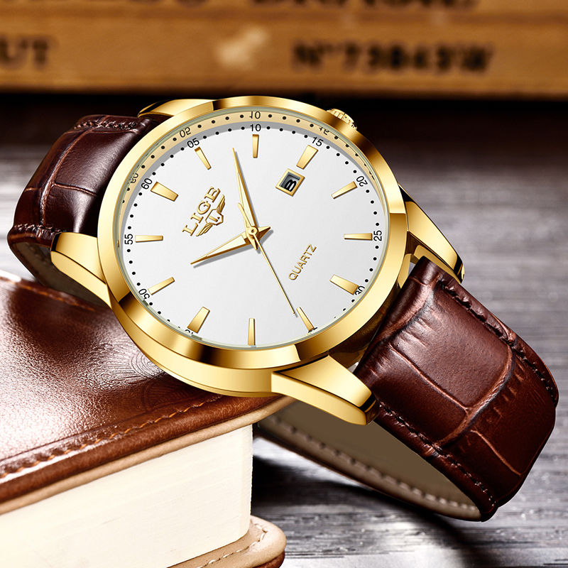 AliExpress LIGE Brown Leather Strap Men's Chronograph Watch, view 2
