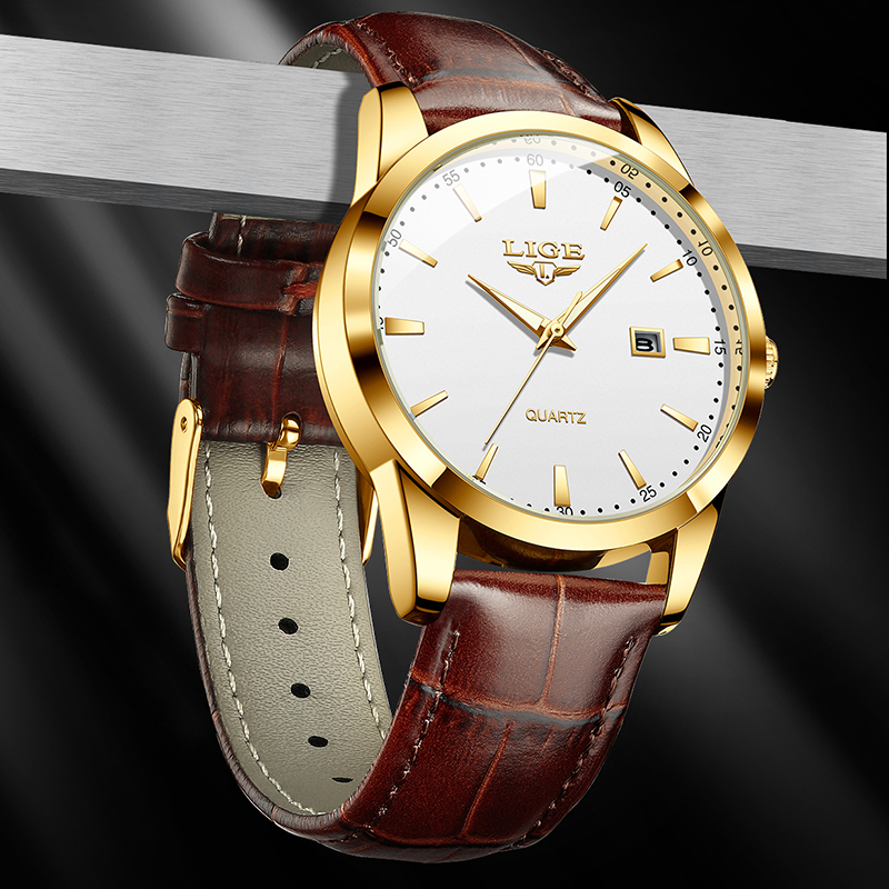 AliExpress LIGE Brown Leather Strap Men's Chronograph Watch, view 4