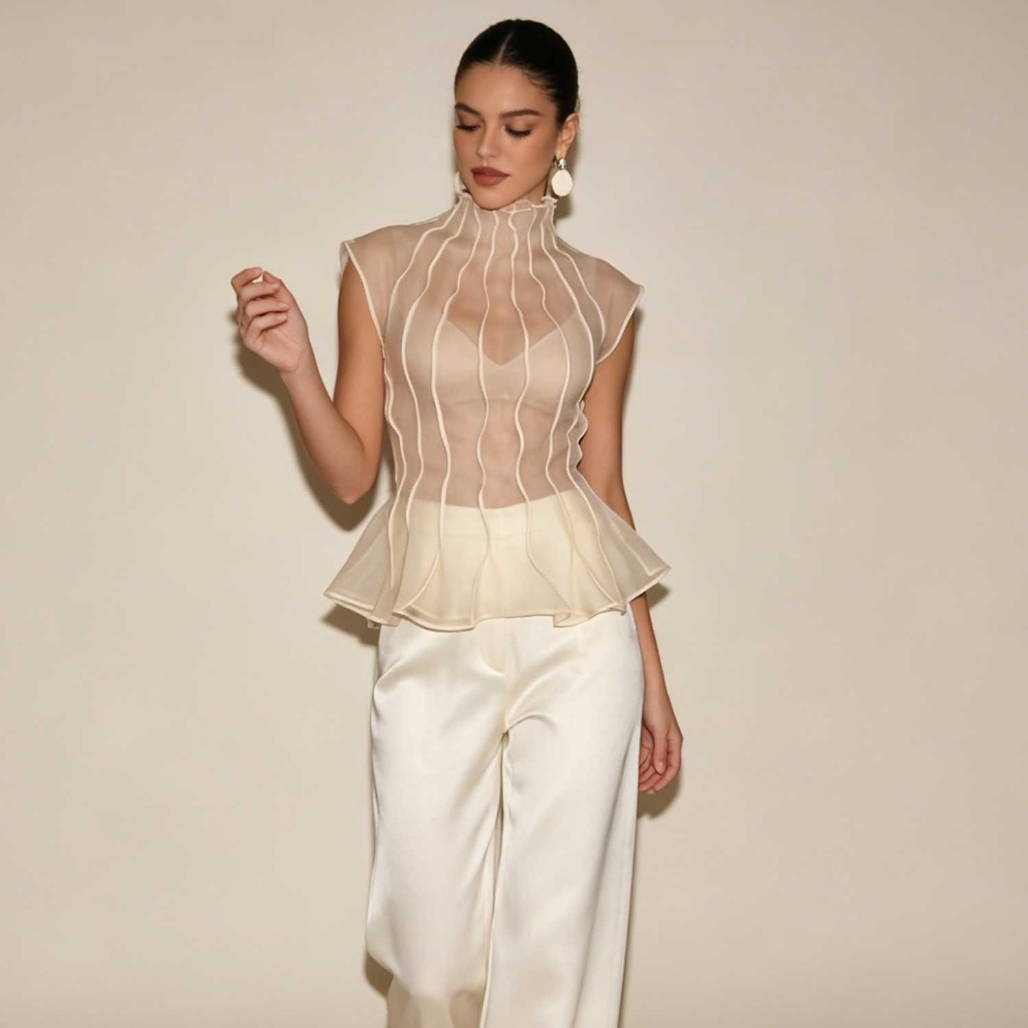 AliExpress LIMO 2026 New Women Sheer Organza Blouse Sleeveless High Neck Ruffle Peplum Top Elegant Party Shirt