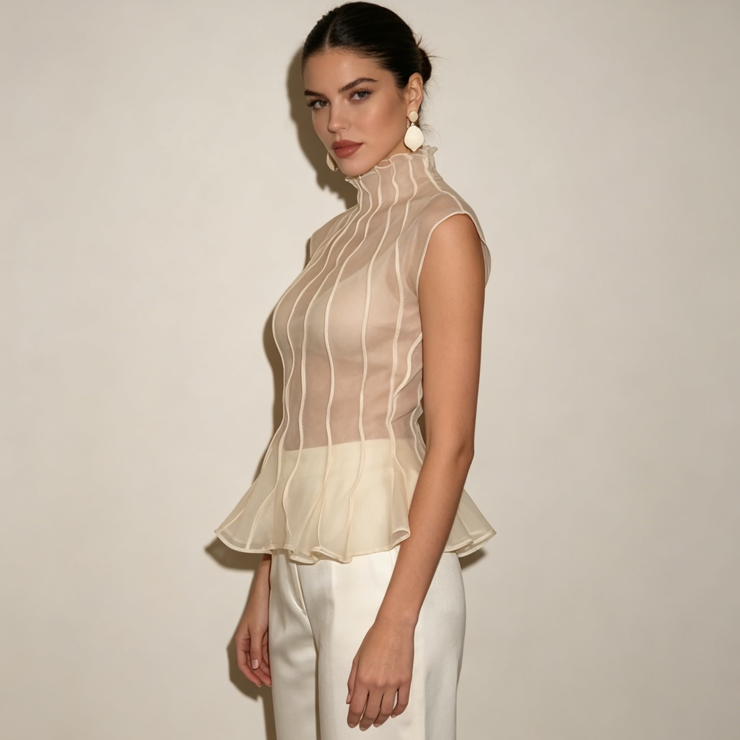 AliExpress LIMO 2026 New Women Sheer Organza Blouse Sleeveless High Neck Ruffle Peplum Top Elegant Party Shirt, view 5