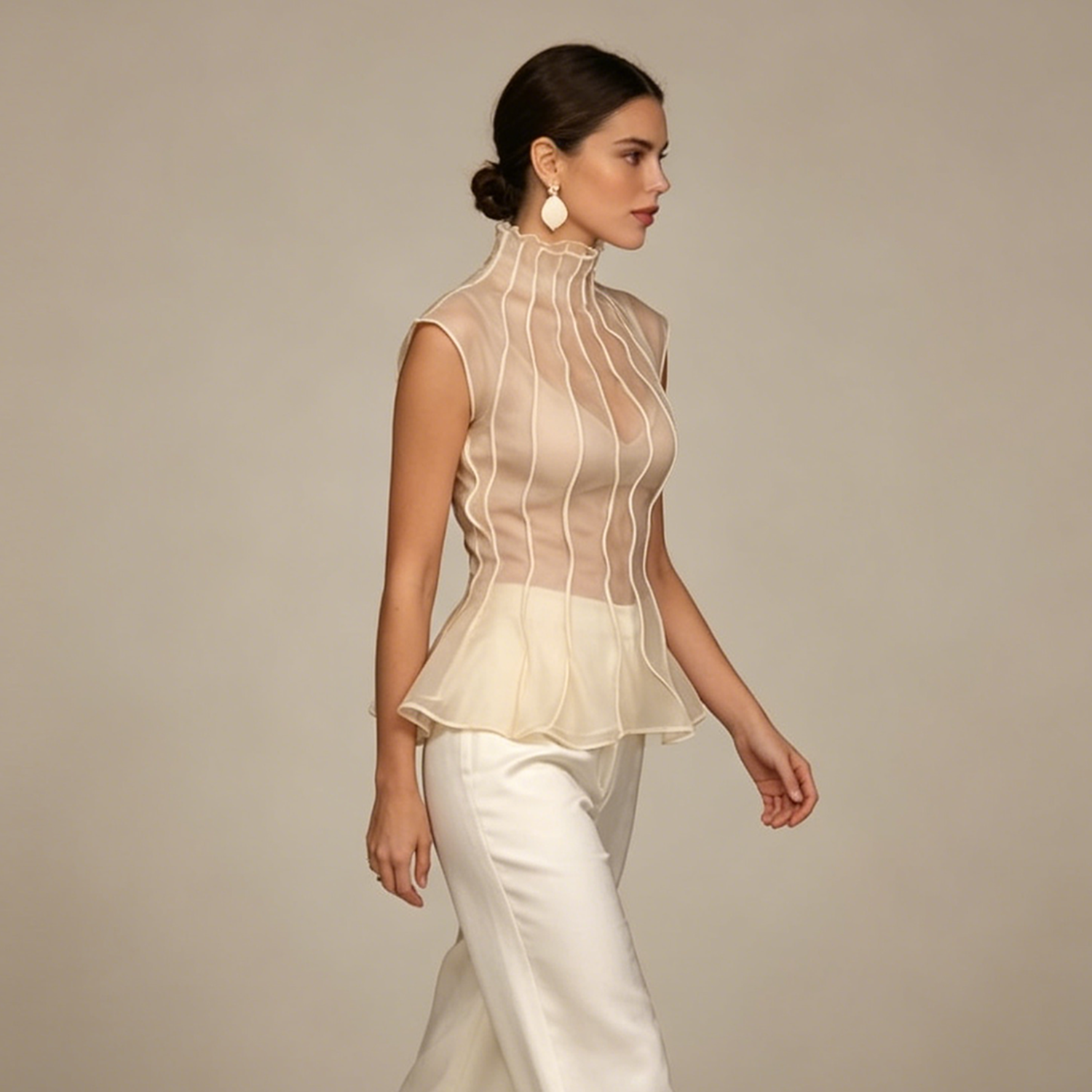 AliExpress LIMO 2026 New Women Sheer Organza Blouse Sleeveless High Neck Ruffle Peplum Top Elegant Party Shirt, view 6