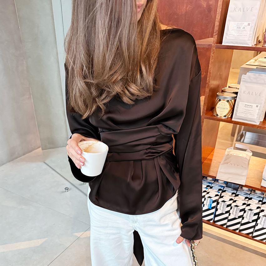 AliExpress Linad Elegant Brown Satin Cross Blouse Woman Street Chic O Neck Pullover Tops Female 2025 Vintage Silk Long Sleeve Shirts Autumn