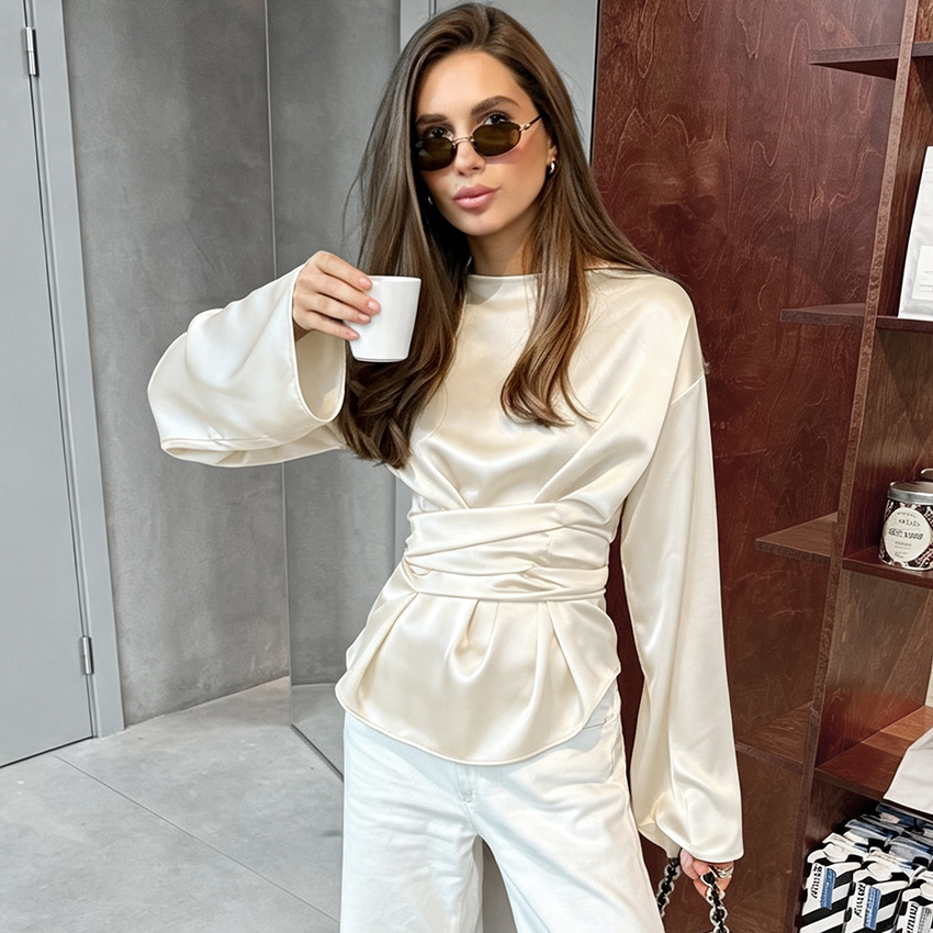 AliExpress Linad Elegant Brown Satin Cross Blouse Woman Street Chic O Neck Pullover Tops Female 2025 Vintage Silk Long Sleeve Shirts Autumn, view 3