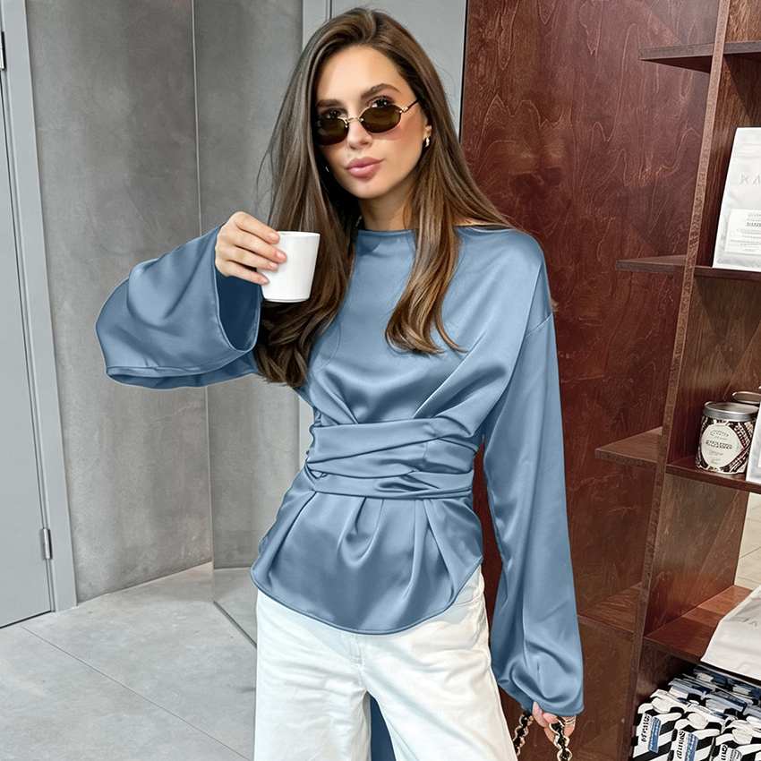 AliExpress Linad Elegant Brown Satin Cross Blouse Woman Street Chic O Neck Pullover Tops Female 2025 Vintage Silk Long Sleeve Shirts Autumn, view 4