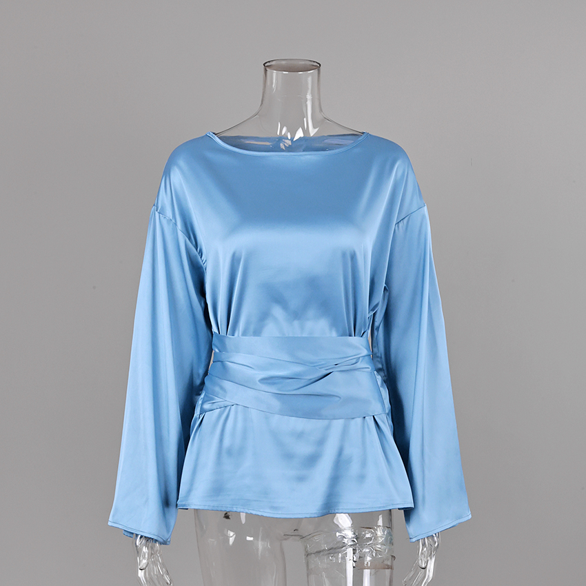 AliExpress Linad Elegant Brown Satin Cross Blouse Woman Street Chic O Neck Pullover Tops Female 2025 Vintage Silk Long Sleeve Shirts Autumn, view 5