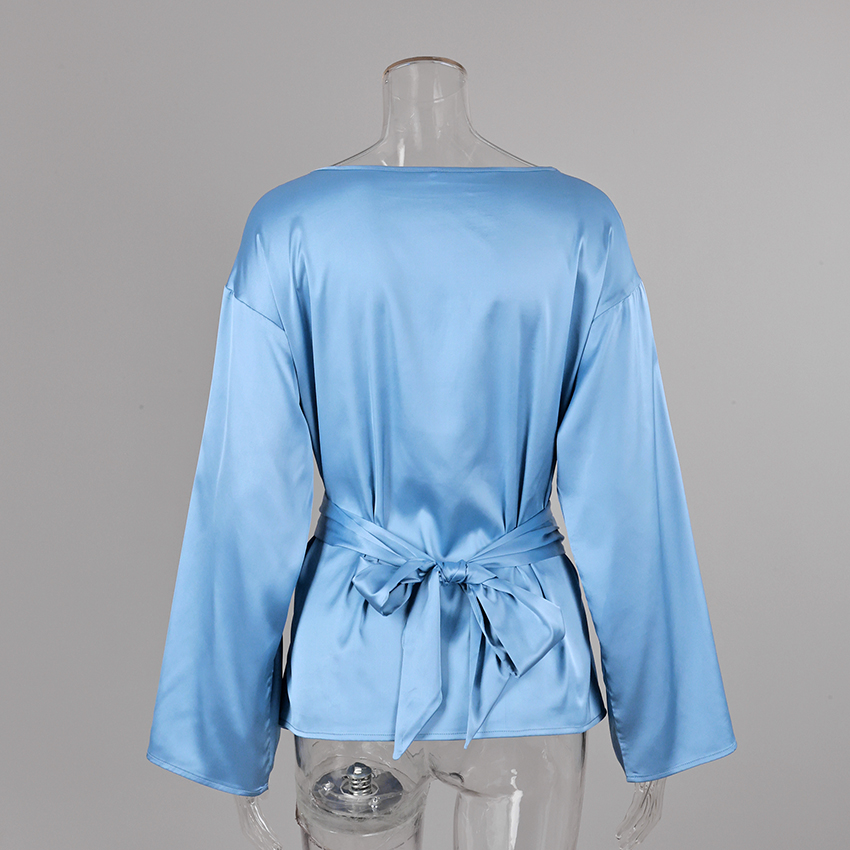 AliExpress Linad Elegant Brown Satin Cross Blouse Woman Street Chic O Neck Pullover Tops Female 2025 Vintage Silk Long Sleeve Shirts Autumn, view 6