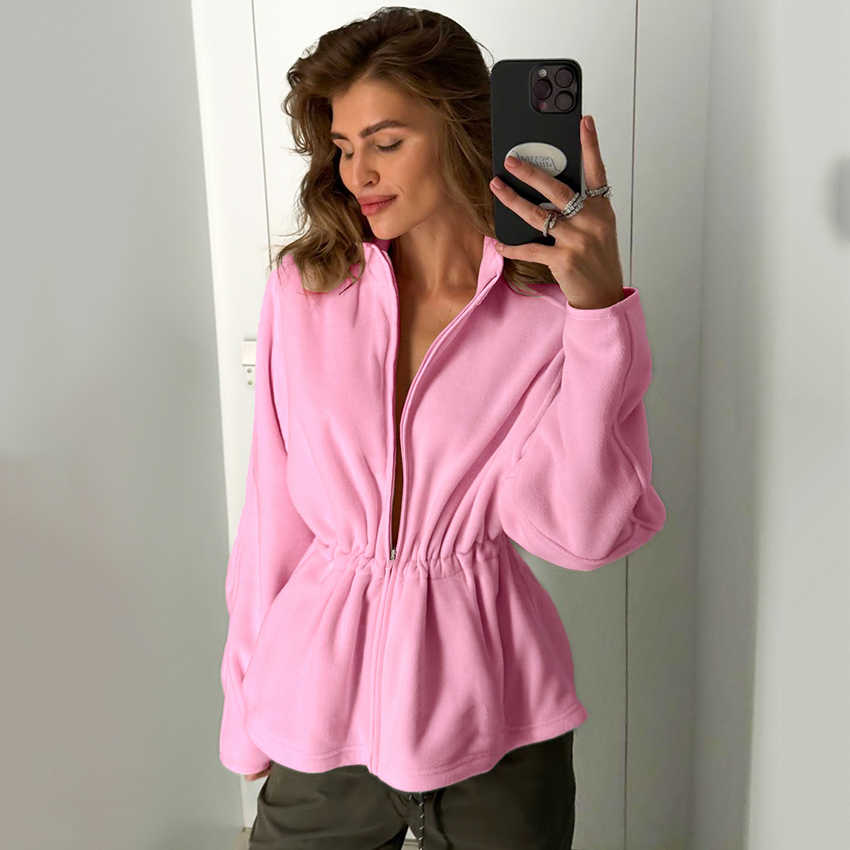 AliExpress Linad Street Chic Pink Polar Fleece Zipper Sweatershirt 2026 Casual Slim Stand Collar Coats Women Fashion Long Sleeve Outerwear