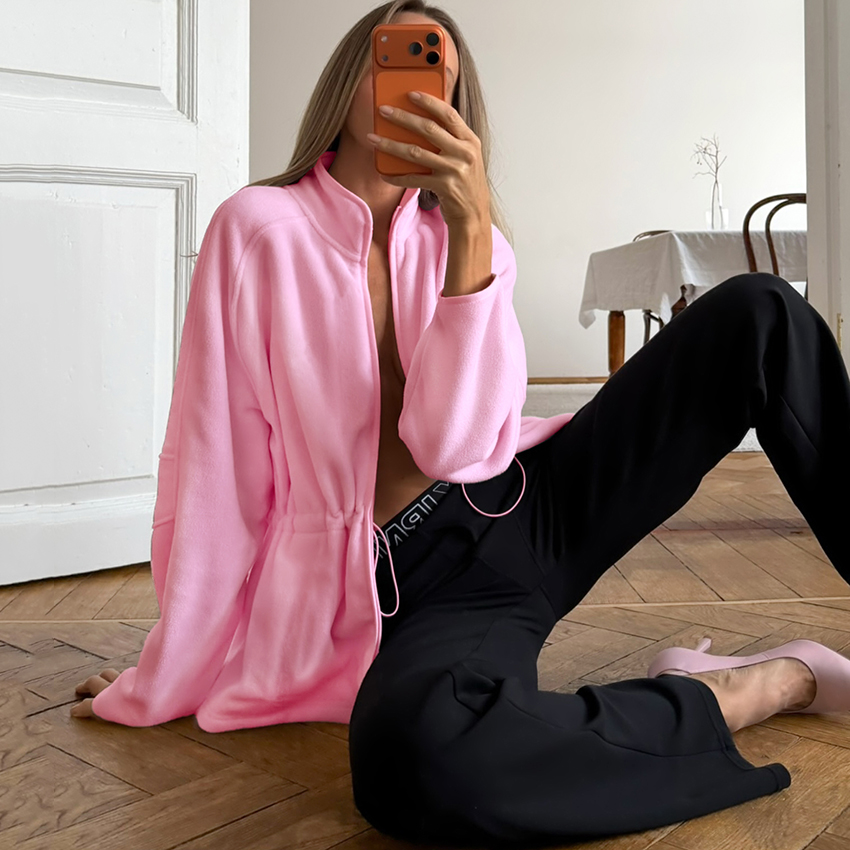 AliExpress Linad Street Chic Pink Polar Fleece Zipper Sweatershirt 2026 Casual Slim Stand Collar Coats Women Fashion Long Sleeve Outerwear, view 3