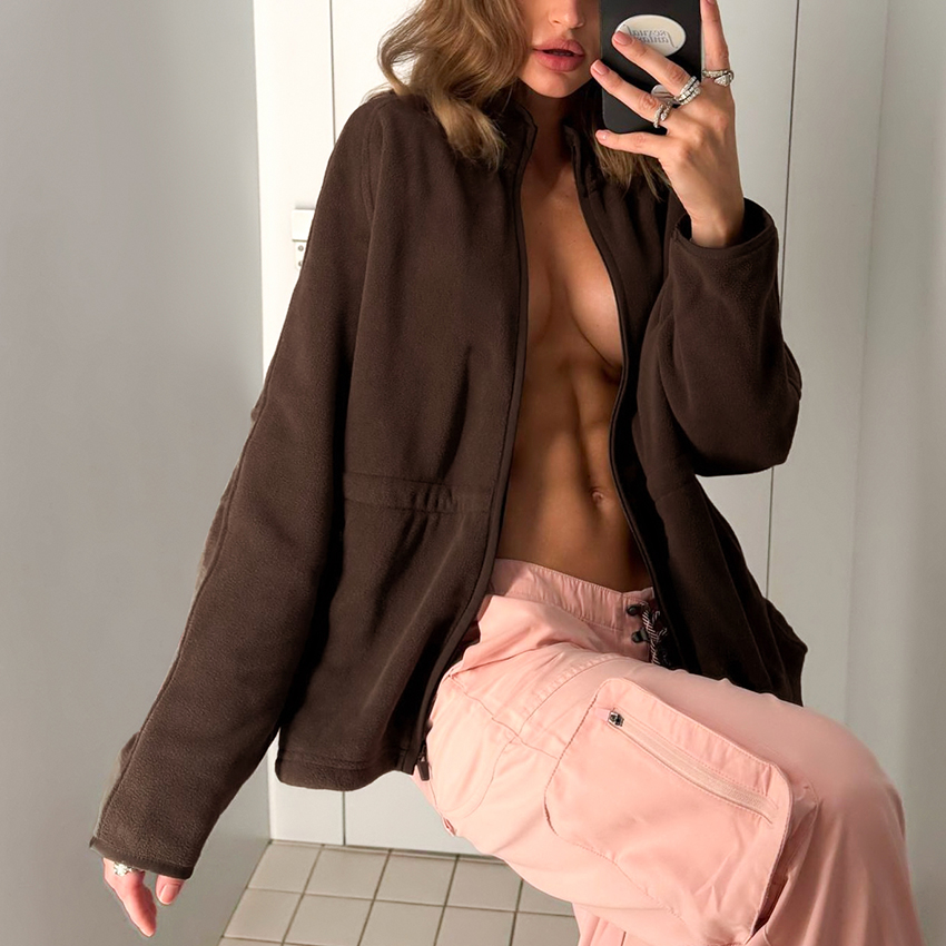AliExpress Linad Street Chic Pink Polar Fleece Zipper Sweatershirt 2026 Casual Slim Stand Collar Coats Women Fashion Long Sleeve Outerwear, view 5