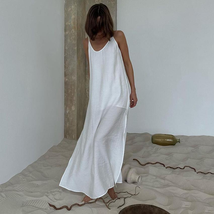 AliExpress Linad Summer Casual White Long Dress Sexy Loose Backless Split Dresses Woman Street Chic V Neck Straight Dress For Women 2025