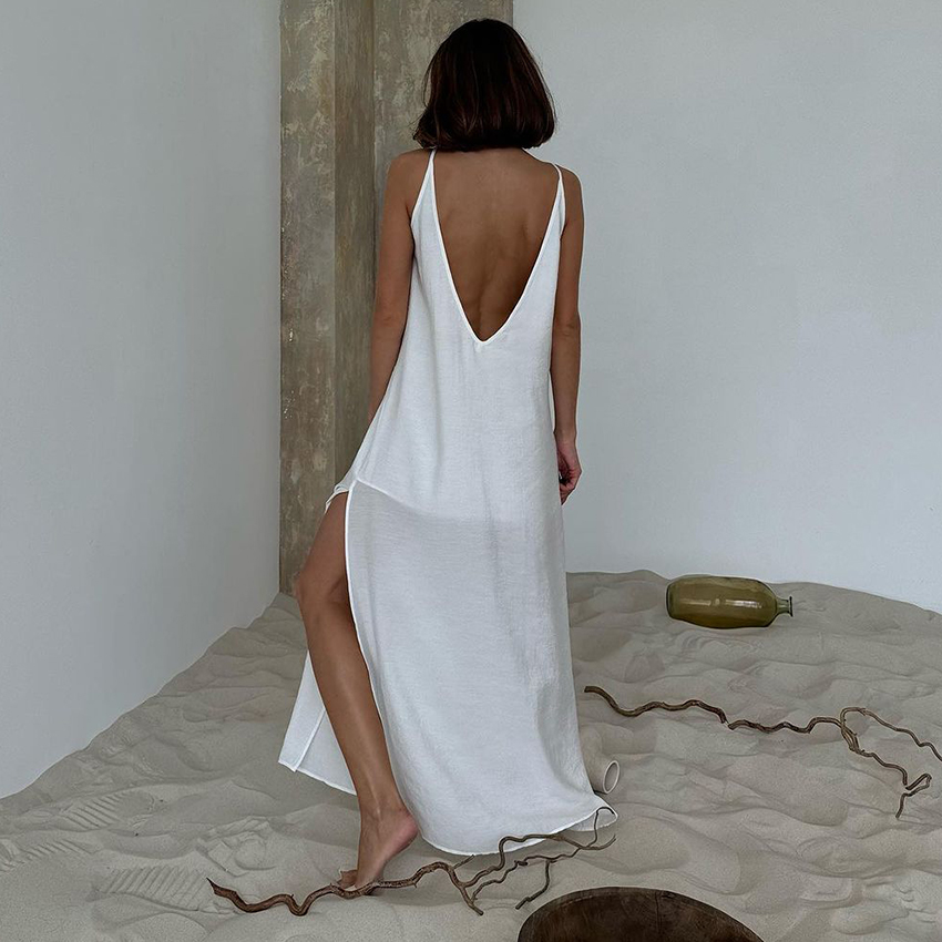 AliExpress Linad Summer Casual White Long Dress Sexy Loose Backless Split Dresses Woman Street Chic V Neck Straight Dress For Women 2025, view 2