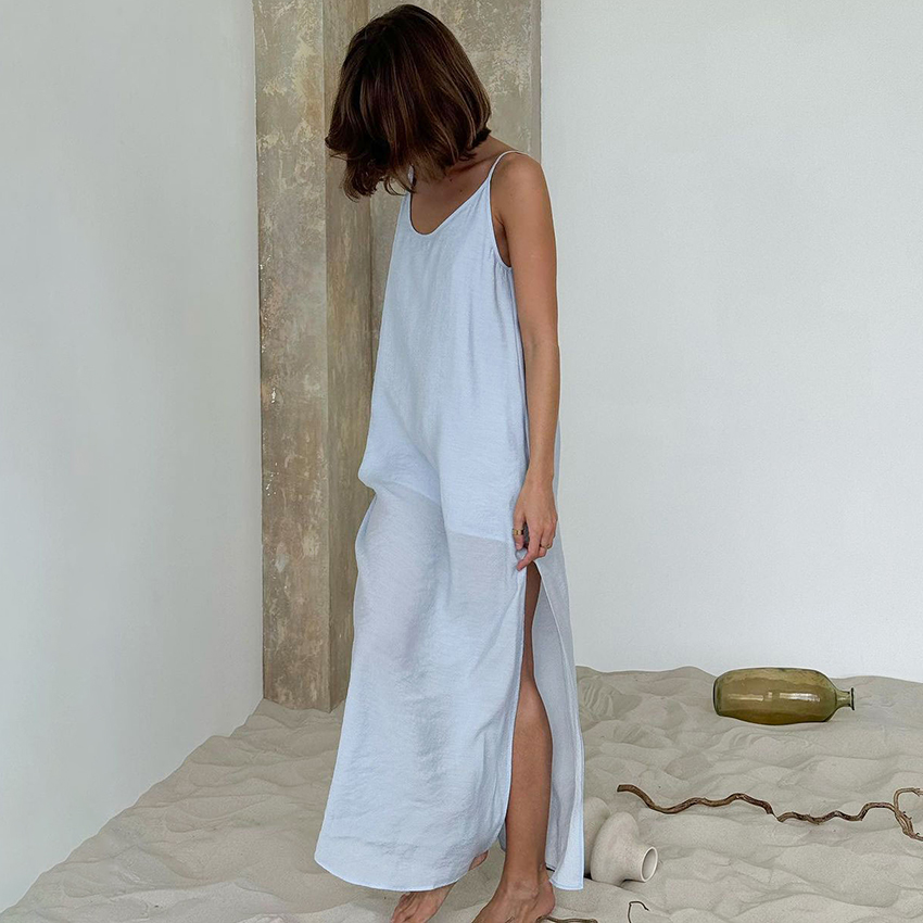 AliExpress Linad Summer Casual White Long Dress Sexy Loose Backless Split Dresses Woman Street Chic V Neck Straight Dress For Women 2025, view 3