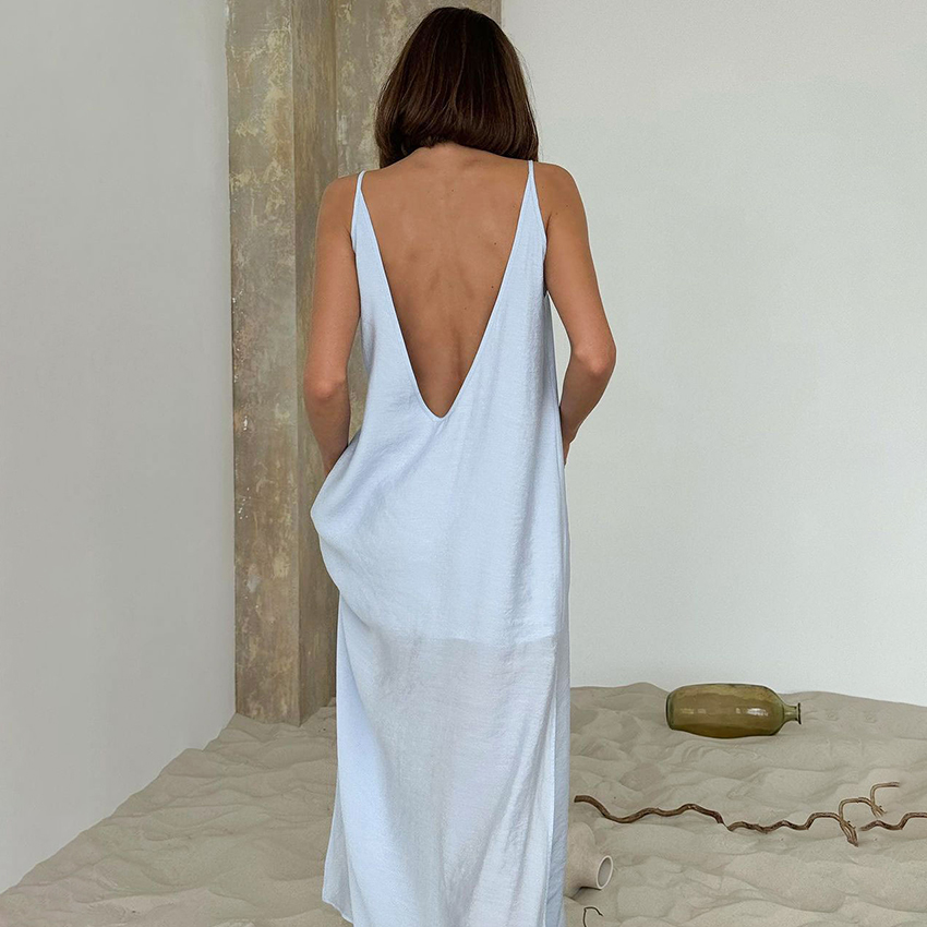 AliExpress Linad Summer Casual White Long Dress Sexy Loose Backless Split Dresses Woman Street Chic V Neck Straight Dress For Women 2025, view 4
