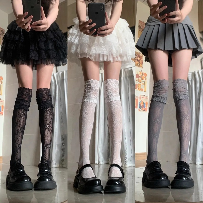 AliExpress Lolita Sweet Lace-edge Fishnet Stockings Women Sexy Floral Pattern Nylon Mesh Thigh High Stocking JK Japanese Cos Overknee Socks