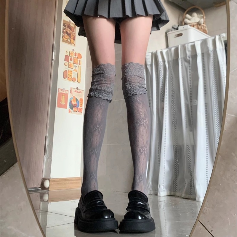 AliExpress Lolita Sweet Lace-edge Fishnet Stockings Women Sexy Floral Pattern Nylon Mesh Thigh High Stocking JK Japanese Cos Overknee Socks, view 3