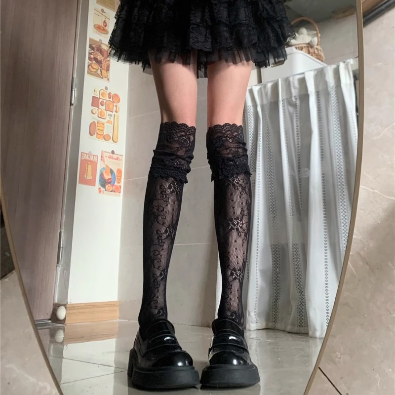 AliExpress Lolita Sweet Lace-edge Fishnet Stockings Women Sexy Floral Pattern Nylon Mesh Thigh High Stocking JK Japanese Cos Overknee Socks, view 4