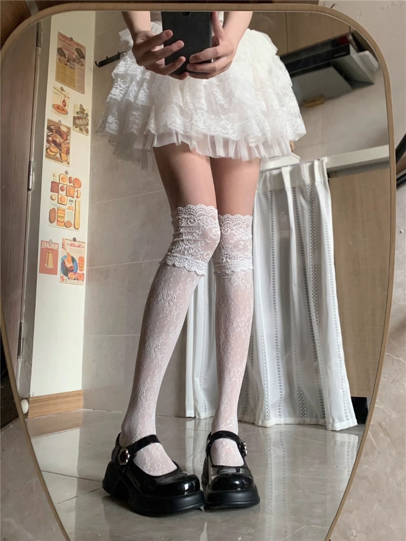 AliExpress Lolita Sweet Lace-edge Fishnet Stockings Women Sexy Floral Pattern Nylon Mesh Thigh High Stocking JK Japanese Cos Overknee Socks, view 5