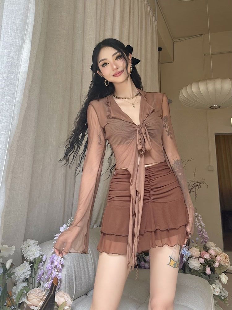 AliExpress Long Flare Sleeve Blouses for Women Lace-up Mesh Sexy Sweet Hot Girls Korean Fashion Style All-match Solid Design Elegant Casual