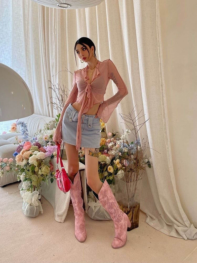 AliExpress Long Flare Sleeve Blouses for Women Lace-up Mesh Sexy Sweet Hot Girls Korean Fashion Style All-match Solid Design Elegant Casual, view 2