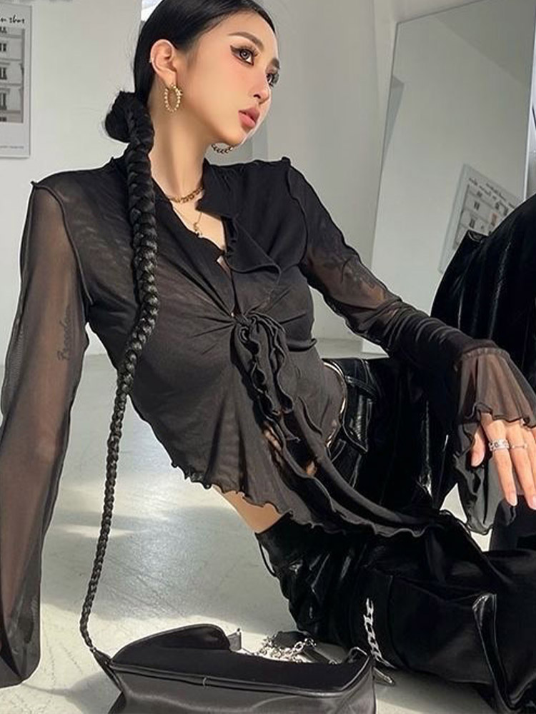AliExpress Long Flare Sleeve Blouses for Women Lace-up Mesh Sexy Sweet Hot Girls Korean Fashion Style All-match Solid Design Elegant Casual, view 3