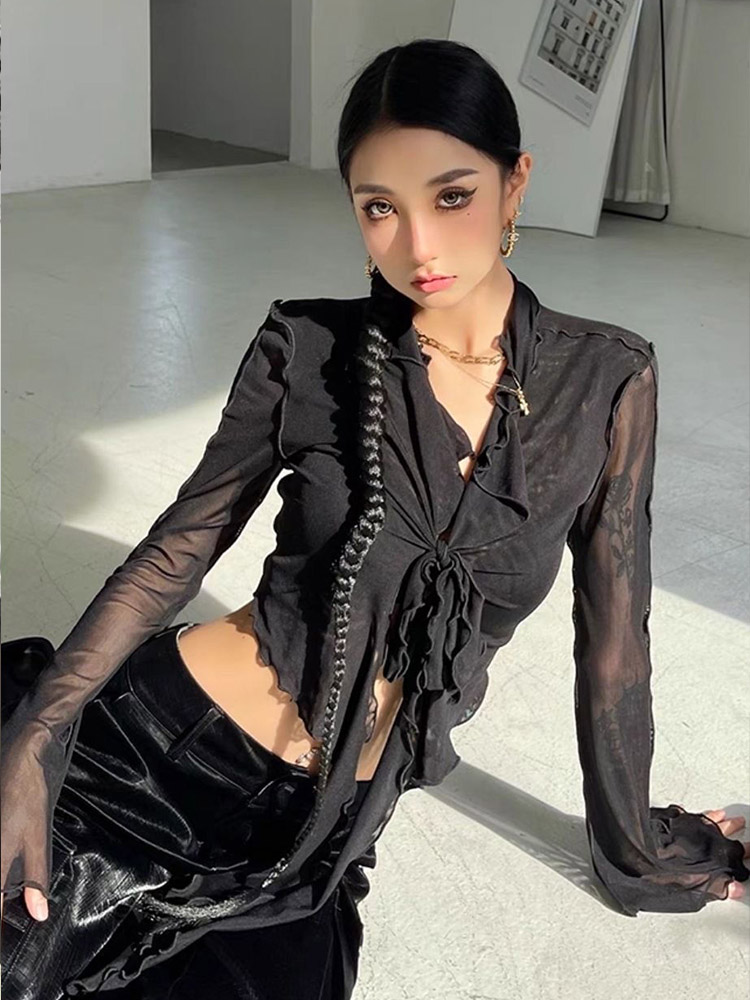 AliExpress Long Flare Sleeve Blouses for Women Lace-up Mesh Sexy Sweet Hot Girls Korean Fashion Style All-match Solid Design Elegant Casual, view 4
