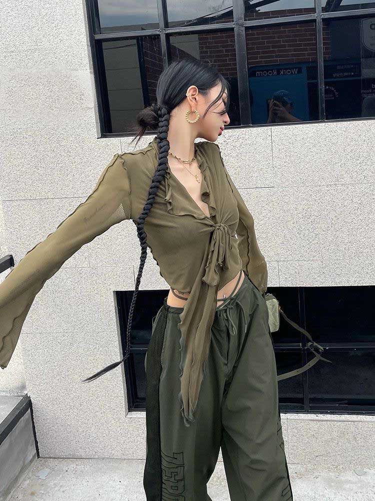 AliExpress Long Flare Sleeve Blouses for Women Lace-up Mesh Sexy Sweet Hot Girls Korean Fashion Style All-match Solid Design Elegant Casual, view 5