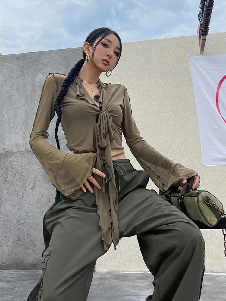 AliExpress Long Flare Sleeve Blouses for Women Lace-up Mesh Sexy Sweet Hot Girls Korean Fashion Style All-match Solid Design Elegant Casual, view 6