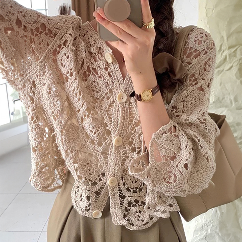 AliExpress Long Sleeve Crochet Knit Top Beach Bikini Cover Up Button-up Cardigan Blouse Women blusas para mujer Vacation Boho Outfit
