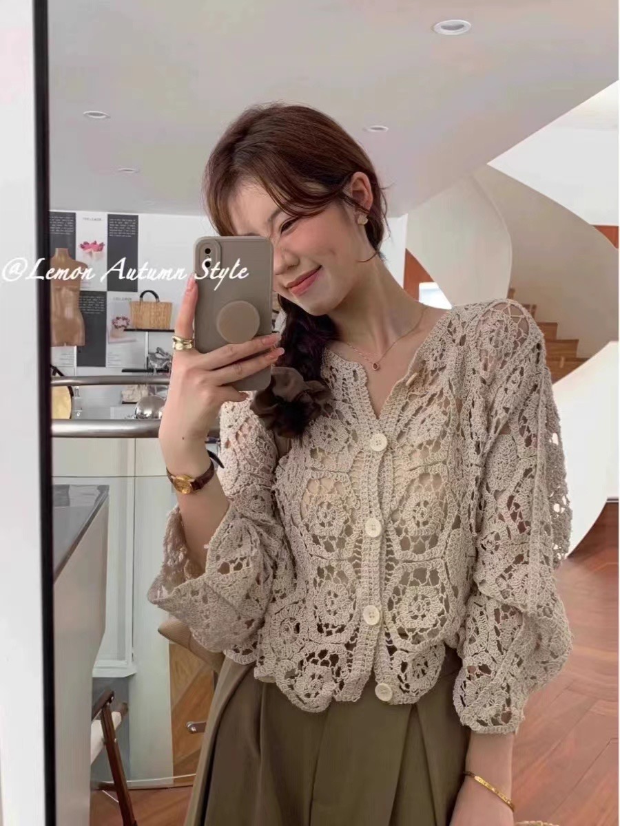 AliExpress Long Sleeve Crochet Knit Top Beach Bikini Cover Up Button-up Cardigan Blouse Women blusas para mujer Vacation Boho Outfit, view 2