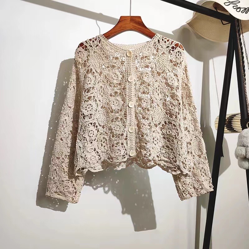 AliExpress Long Sleeve Crochet Knit Top Beach Bikini Cover Up Button-up Cardigan Blouse Women blusas para mujer Vacation Boho Outfit, view 3