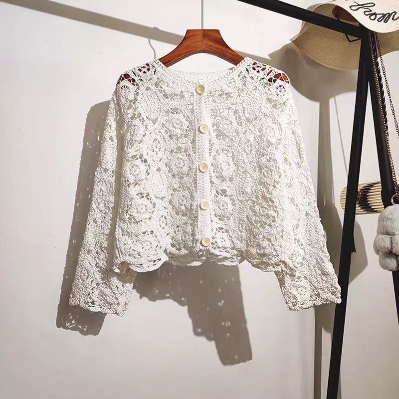 AliExpress Long Sleeve Crochet Knit Top Beach Bikini Cover Up Button-up Cardigan Blouse Women blusas para mujer Vacation Boho Outfit, view 4