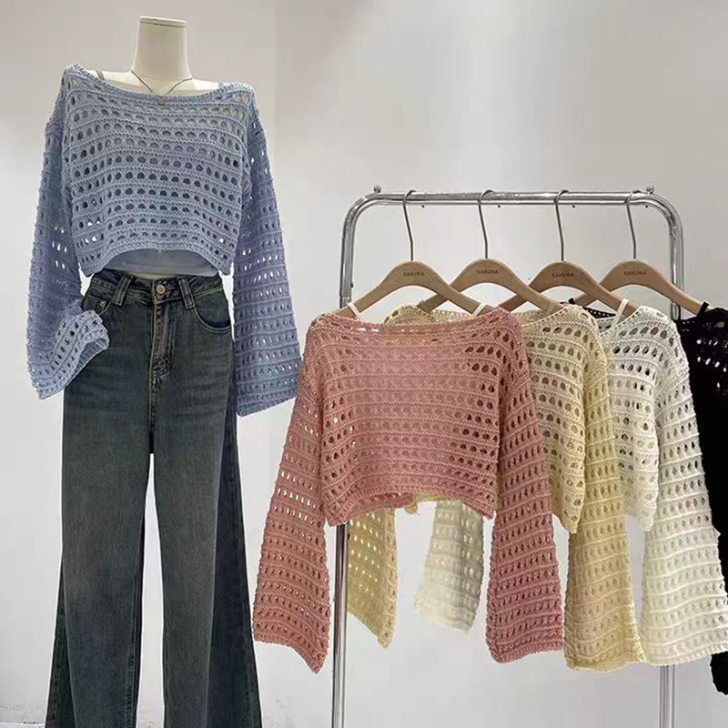 AliExpress Long Sleeve Crochet Knit Top Summer Beach Bikini Cover Up Crop Pullover Wool Knitwear Blouse Women Vacation Boho Outfit