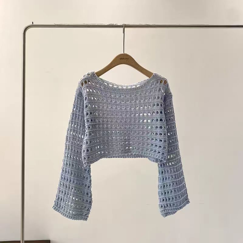 AliExpress Long Sleeve Crochet Knit Top Summer Beach Bikini Cover Up Crop Pullover Wool Knitwear Blouse Women Vacation Boho Outfit, view 3