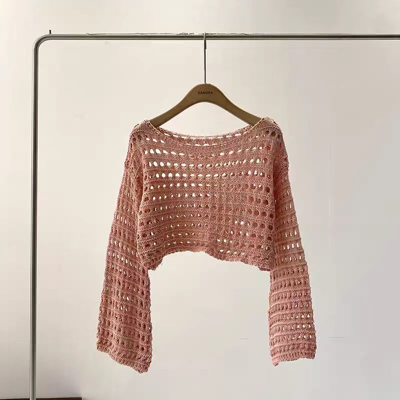 AliExpress Long Sleeve Crochet Knit Top Summer Beach Bikini Cover Up Crop Pullover Wool Knitwear Blouse Women Vacation Boho Outfit, view 4