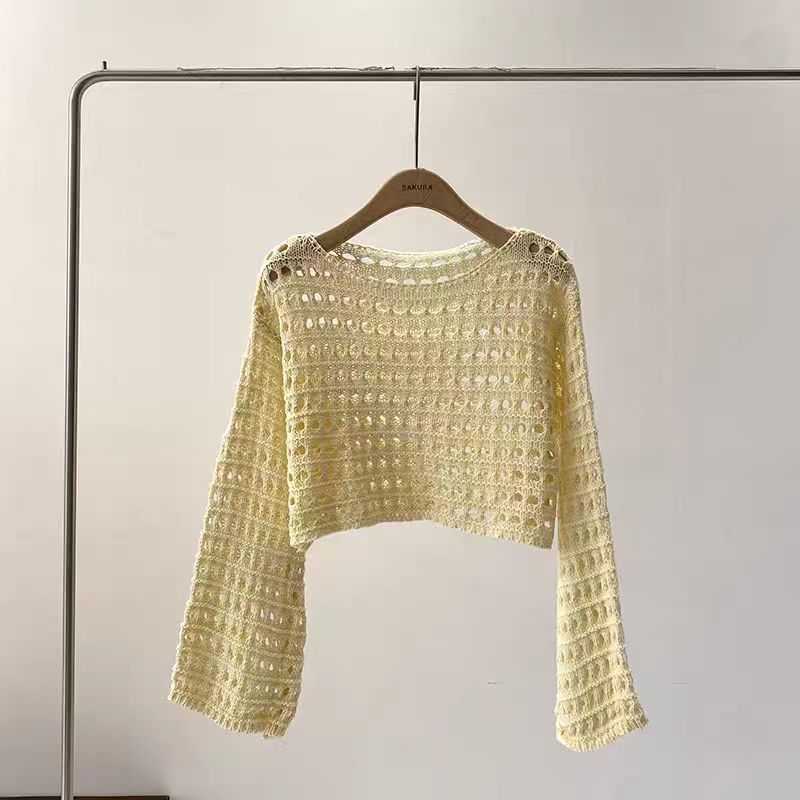 AliExpress Long Sleeve Crochet Knit Top Summer Beach Bikini Cover Up Crop Pullover Wool Knitwear Blouse Women Vacation Boho Outfit, view 5