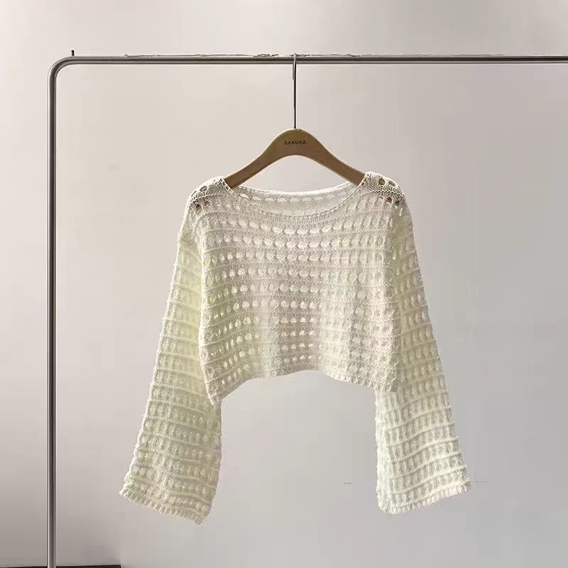 AliExpress Long Sleeve Crochet Knit Top Summer Beach Bikini Cover Up Crop Pullover Wool Knitwear Blouse Women Vacation Boho Outfit, view 6