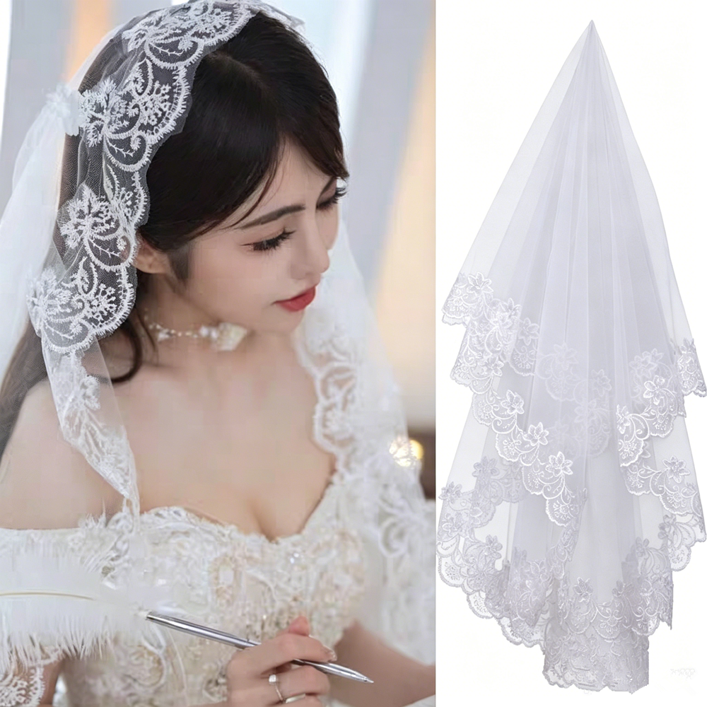 AliExpress Long White Wedding Veil Elegant Floral Lace Edge Bridal Veils White Wedding Veil Bridal Hair Accessory for Bride Wedding Party