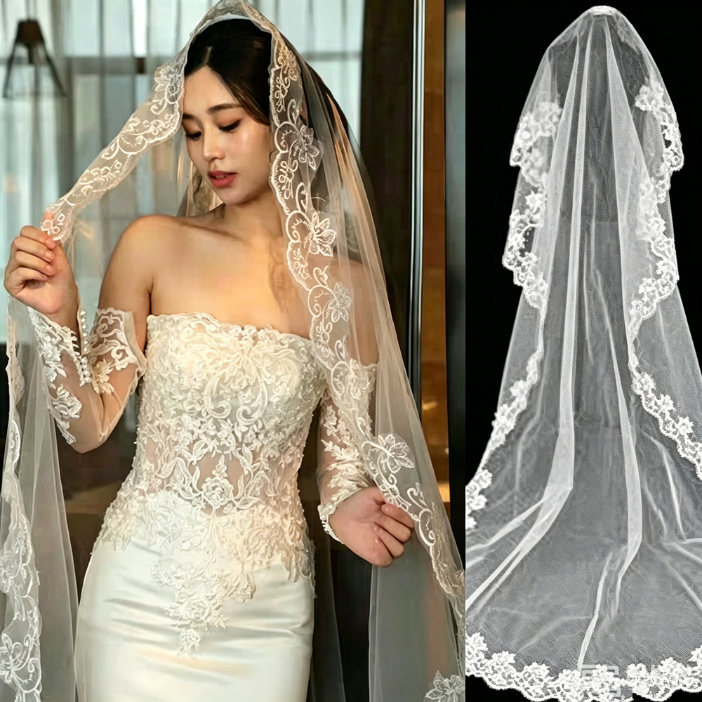 AliExpress Long White Wedding Veil Elegant Floral Lace Edge Bridal Veils White Wedding Veil Bridal Hair Accessory for Bride Wedding Party, view 2