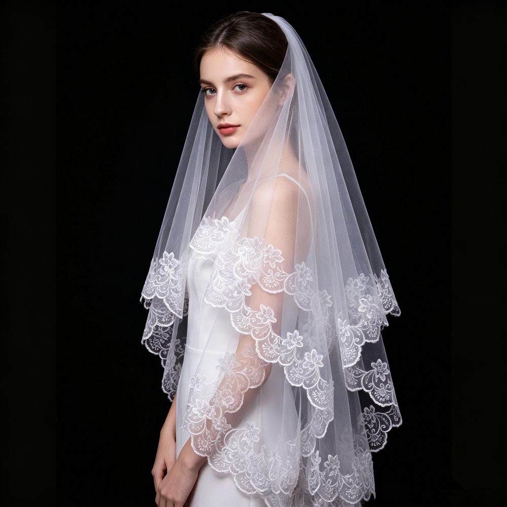 AliExpress Long White Wedding Veil Elegant Floral Lace Edge Bridal Veils White Wedding Veil Bridal Hair Accessory for Bride Wedding Party, view 6