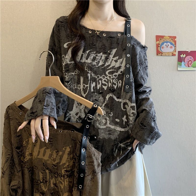 AliExpress Loose and Slimming Oversized Women's T-shirt with Ragged and Faded V-neck and Off-shoulder Long Sleeves for Spring and Autumn, view 2
