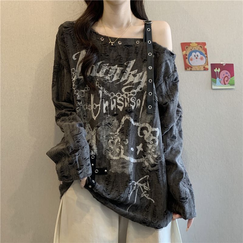 AliExpress Loose and Slimming Oversized Women's T-shirt with Ragged and Faded V-neck and Off-shoulder Long Sleeves for Spring and Autumn