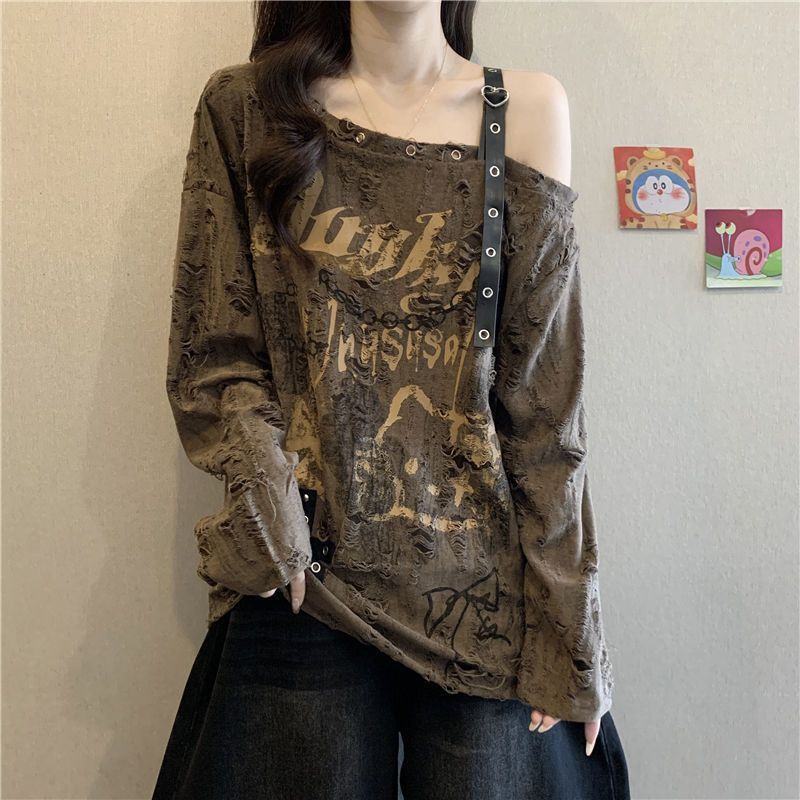 AliExpress Loose and Slimming Oversized Women's T-shirt with Ragged and Faded V-neck and Off-shoulder Long Sleeves for Spring and Autumn, view 3