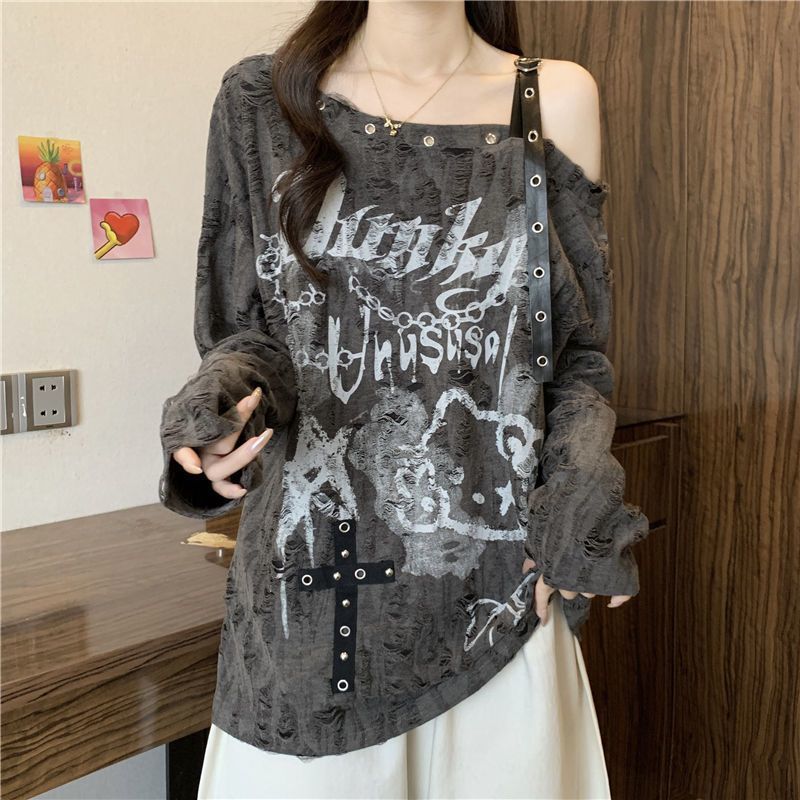 AliExpress Loose and Slimming Oversized Women's T-shirt with Ragged and Faded V-neck and Off-shoulder Long Sleeves for Spring and Autumn, view 4